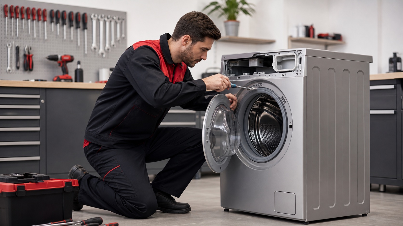 Técnico Giromaq realizando conserto de máquina de lavar em Capão do Leão em oficina equipada com ferramentas profissionais